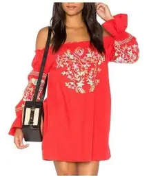 Free People Fleur Du Jour Enchanted Garden Dress Red Off Shoulder Boho Mini XS