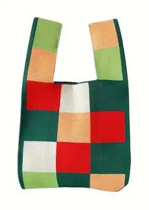 Colorblock Plaid Knitted Style Korean Style‎ Aesthetic Knotted Wrist Bag Woven