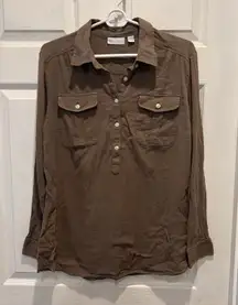 NY&C Large Brown Semi Sheer‎ Button Up Shirt Roll Tab Sleeve Top Career Beachy