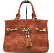 Big Buddha Top Handle Tote Bag Basketweave Texture Brown Boho Tassel Travel