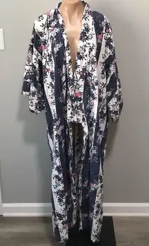 Stripe Floral House Robe Dress Kimono Navy White Pink Medium