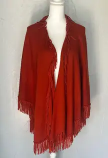 Boho Fringed Open-Front Shawl Wrap – Rust Orange