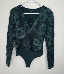 Express Lace Embroidered V-Neck Long Sleeve Thong Bodysuit Emerald Green XS New