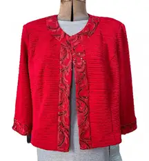 Maya Brooke Crinkle Knit Open Front Blazer Jacket Sequin Trim Bright Red