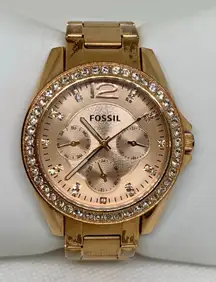 Fossil women watch ES-2811 day date hours rose gold tone 38mm size 6.5” running