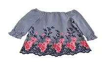 Elle‎ Womens 2XL Striped 3/4 Off Shoulder Floral Embroidered Top Blouse