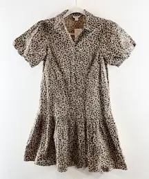 J. Crew Bubble Short Puff Sleeve Button Up Drop Waist Leopard Print Mini Dress