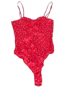 ZARA  Satin Effect Star Print Lace Up Bodysuit Tank Top Cami Red White XSmall