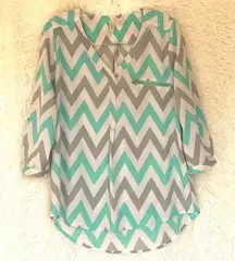 Tacera Aqua Chevron Tab Sleeve Blouse Size M