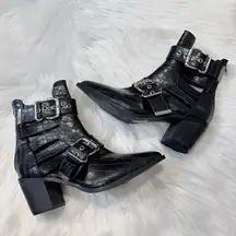 Women’s Black Croc Embossed Ankle Boots with Block Heels and Buckle Detailing