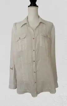 Chico's Woman’s white 100% linen gold buttons casual, career blouse, Sz 2
