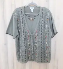 VTG Koret Womens Cardigan Size L Green Embroidered Floral Boho Cottage 90s