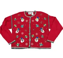VTG Nutcracker Red Snowman Candy Cane Snowflake Christmas Sweater Cardigan L