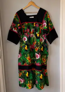 Vintage Krist Gudnason Tropical Parrot Print MuMu Kaftan Dress Tiki Bird Rare
