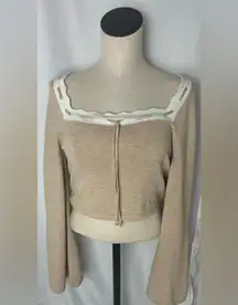 Tan and White Knit Sweater with Cutout Details crop bell sleeves large NWT