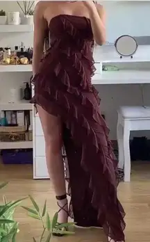 Viral Nevali Ruffle Maxi bodycon Dress in Brown