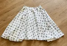 NWOT XS White Bubble Skirt Gray Bunny Print Flat Front Flare Hem Knee Length