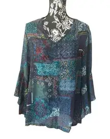 Kaktus Women’s long sleeve boho patchwork colorful top shirt NWT