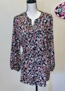 Terra & Sky black floral pleated tied waist long sleeve button down blouse