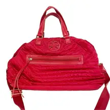 Tory Burch Red Quilted Nylon Slouchy Satchel Shoulder Handbag Purse