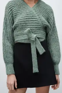Zara Chunky Green Wrap Sweater Cropped Oversized Balloon Sleeve Cardigan Shawl