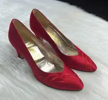 Ferragamo Vintage Red Satin Embroidered Pumps