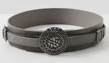 Free People Statement Medallion Wide Leather Belt Gray Double Buckle M/L