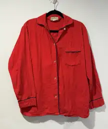 Vtg LL Bean Pajama Shirt Women Medium Red Button Up 100% Cotton Sleep Top Pocket