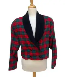 VTG Peggy Hart Blazer Jacket Sz L Cropped Corduroy Plaid Red Green Holiday