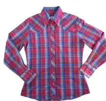 Vintage 70s Wrangler Pearl Snap Western Shirt Women's 32 Plaid Made in USA Small