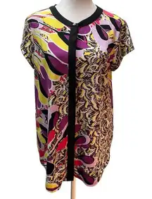 Multi-Color Abstract Print Short Sleeve Hidden Button Up Blouse M