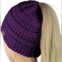 C.C BeanieTail Soft Stretch Cable Knit Messy High Bun Ponytail Beanie in Purple