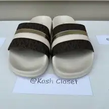 Michael Kors Cream Brandy Metallic Striped Logo Slide Sandal