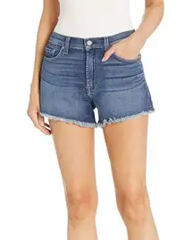 7 FOR ALL MANKIND High Rise Fringe Hem blue denim shorts