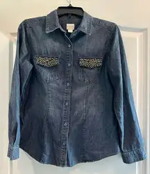 Chicos Denim Embellished Long Sleeve Shirt Size 0 Small