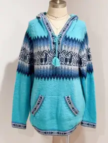 Alpaca Peru Handmade Blue Turquoise Little Llamas Hooded Sweater Size M/L