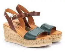 Pikolinos Leather Ankle Strap Miranda Emerald Green Brown Wedge Sandals Sz 40EU