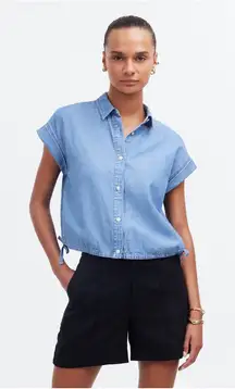 Madewell Classic Blue Denim cropped button down short sleeve blouse