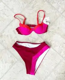 NWT Cupshe Colorblock Hidden Wonders Top XS & V-Front Bikini S Bottom Barbiecore