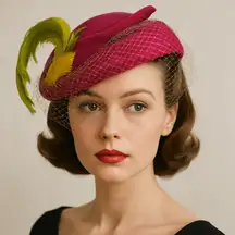 Vintage Maynor Hats New York Maroon Felt Fascinator w/ Veil & Green Feathers