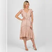 Taylor Peach V Neck Lace Asymmetric Hem Flutter Sleeve Dress Boho Fairy Ethereal