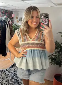 Pilcro Embroidered Babydoll Top V-Neck Blue Motif