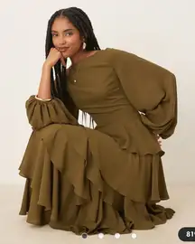 Pretty Lavish Beatris lace up back ruffle maxi dress in deep olive