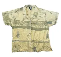 Tommy Bahama Silk Button Up Shirt Women's Large Beige Shell Print Short Sleeve
