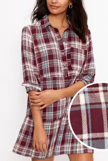 LOFT Burgundy Blue Plaid Button Front Collared Long Sleeve Tiered Mini Dress S