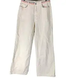 Cider  Jeans Size Large Straight Leg Cream Colored Denim Embroidered Accents