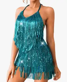 NWT Teal Sparkly Sequin Fringed Romper - XL