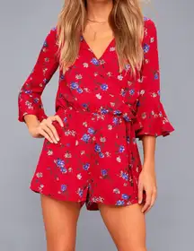 Lulus‎ Bronwen Red Floral Tie Waist Flounce Sleeve Romper SMALL