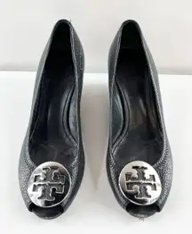 Tory Burch Sally Peep Toe Leather Wedge Pumps Shoes Black 6.5