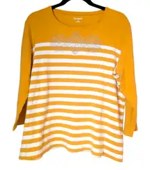 Kim‎ Rogers Yellow White Stripe Long Sleeve Cotton Shirt XL Glitter Print Casual